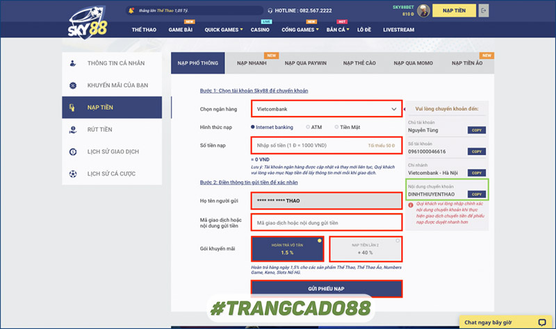 Hướng dẫn nạp tiền Sky88