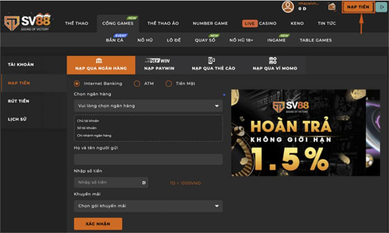 cách nạp tiền sv88 qua ngân hàng