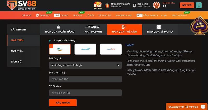 cách nạp tiền sv88 qua thẻ cào