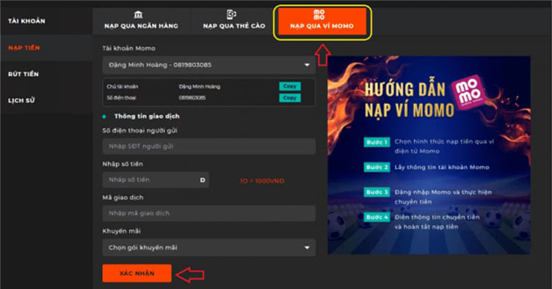 cách nạp tiền sv88 qua ví momo