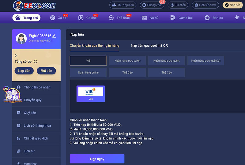 hướng dẫn nạp tiền nhà cái ee88