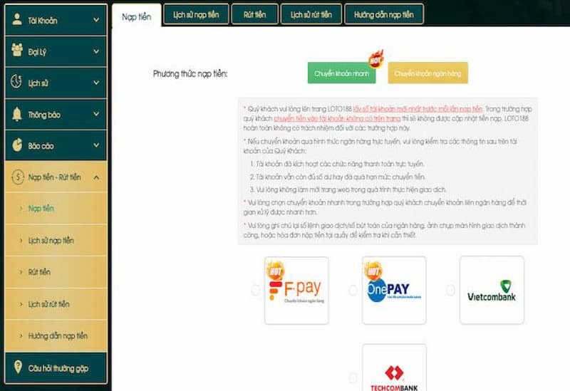 hướng dẫn nạp tiền tại loto188