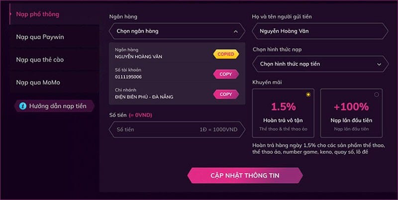 cách nạp tiền nbet qua ngân hàng