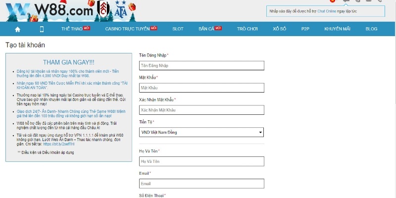đăng ký tài khoản w88