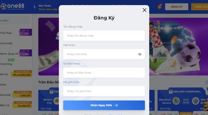 Đăng ký One88 tạo tài khoản mới trên máy tính